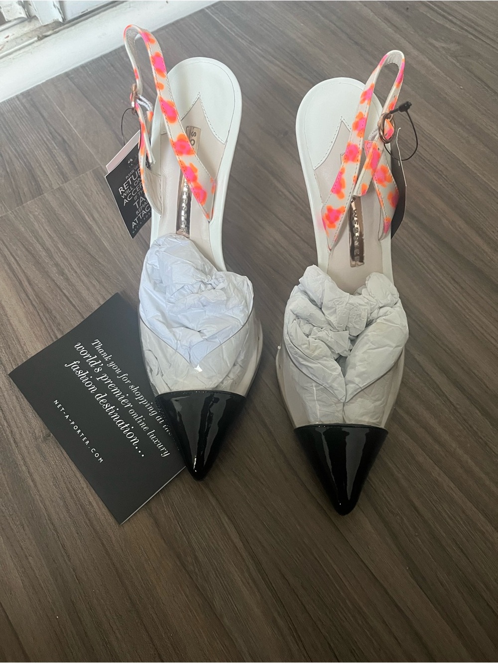 Sophia Webster White Slingback Pumps with Black Patent Cap Toe and Neon Strap - Picture 2 of 6